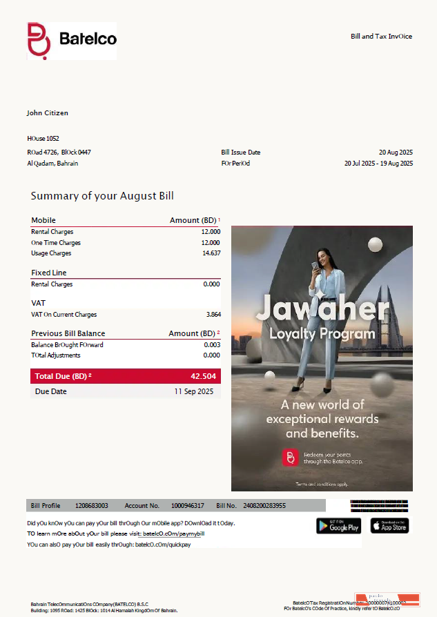 Bahrain Batelco utility bill template in Word and PDF formats